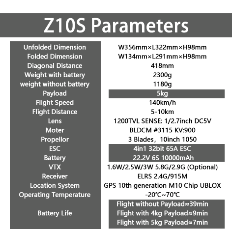 Z10S FPV ,Long-distance high-speed drone racing,5kg payload ,10000mah