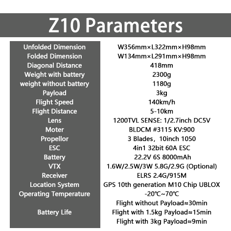 Z10 FPV 6S 8000Mah battery and 3kg payload